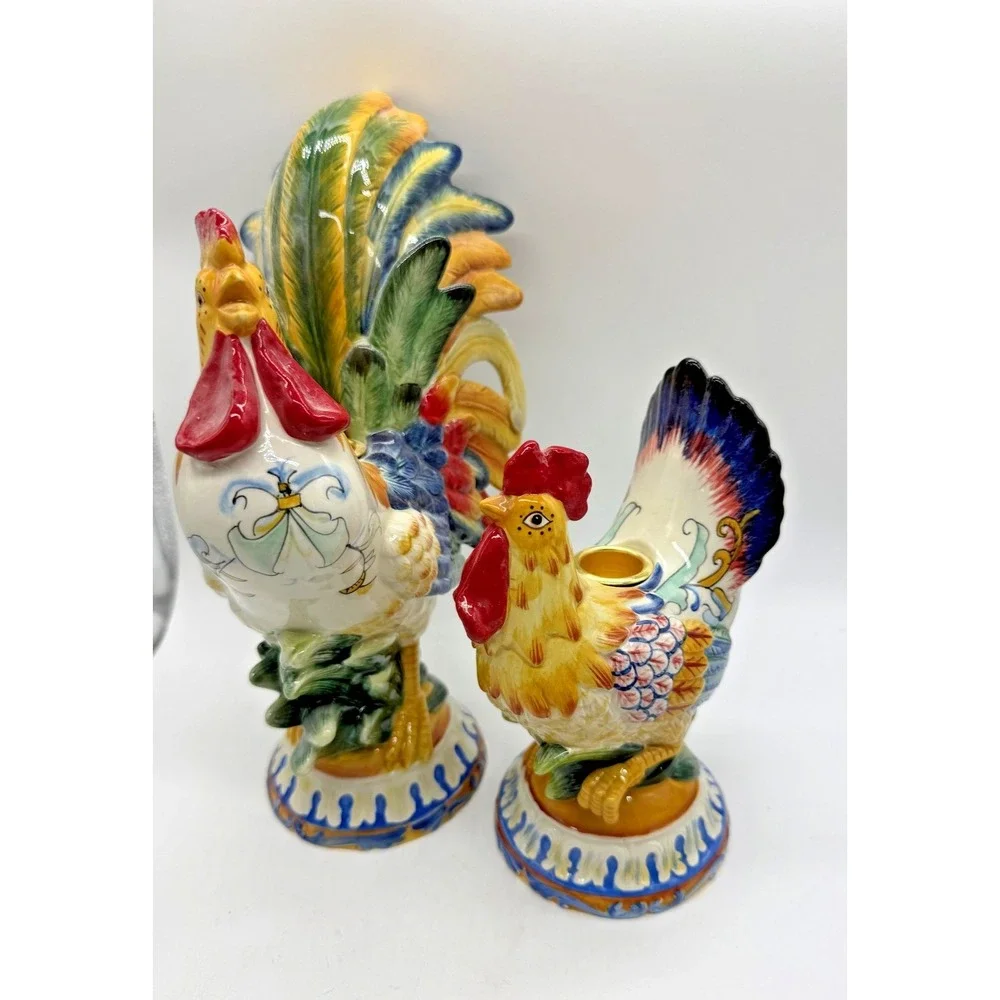 Fitz And Floyd Candle Holders Multicolor Rooster Hen Ricamo 2-Piece Hand Painted